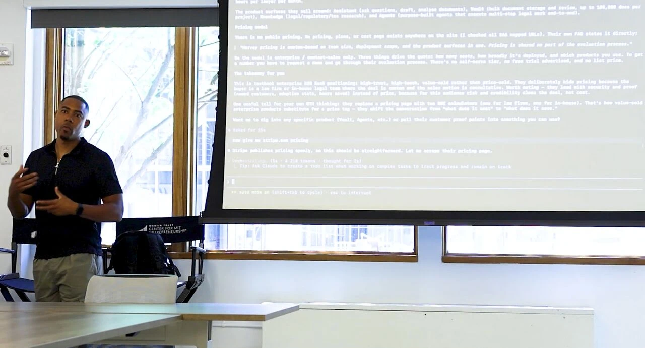 Teaching AI for go-to-market at the Martin Trust Center for MIT Entrepreneurship, with Claude Code on the screen